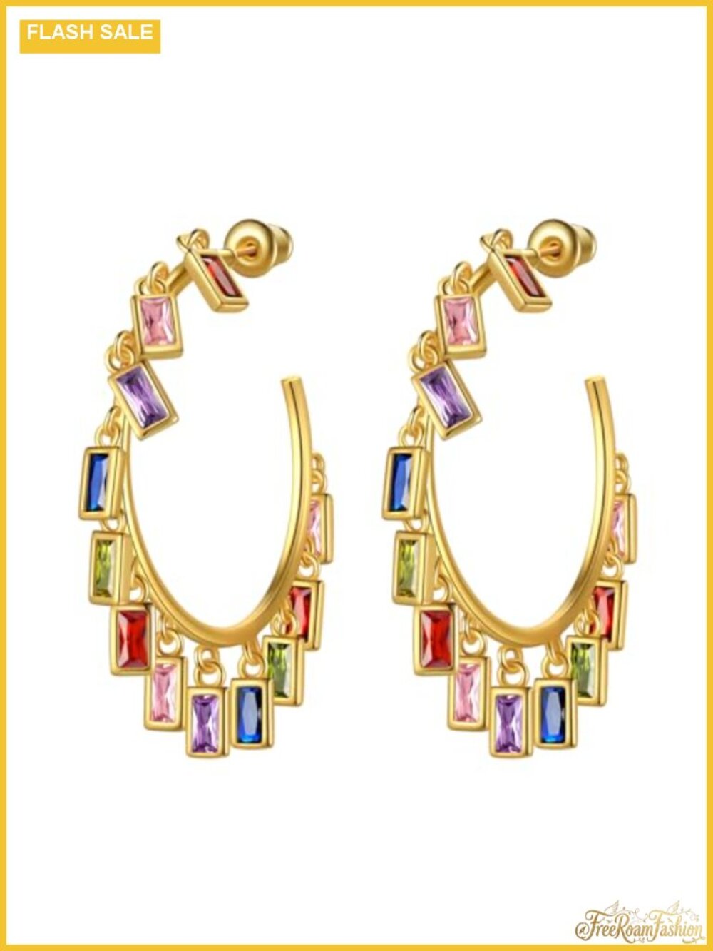 18K Gold Plated Geometric Drip Tassel Stud Earrings with Colorful Zirconia Hoop